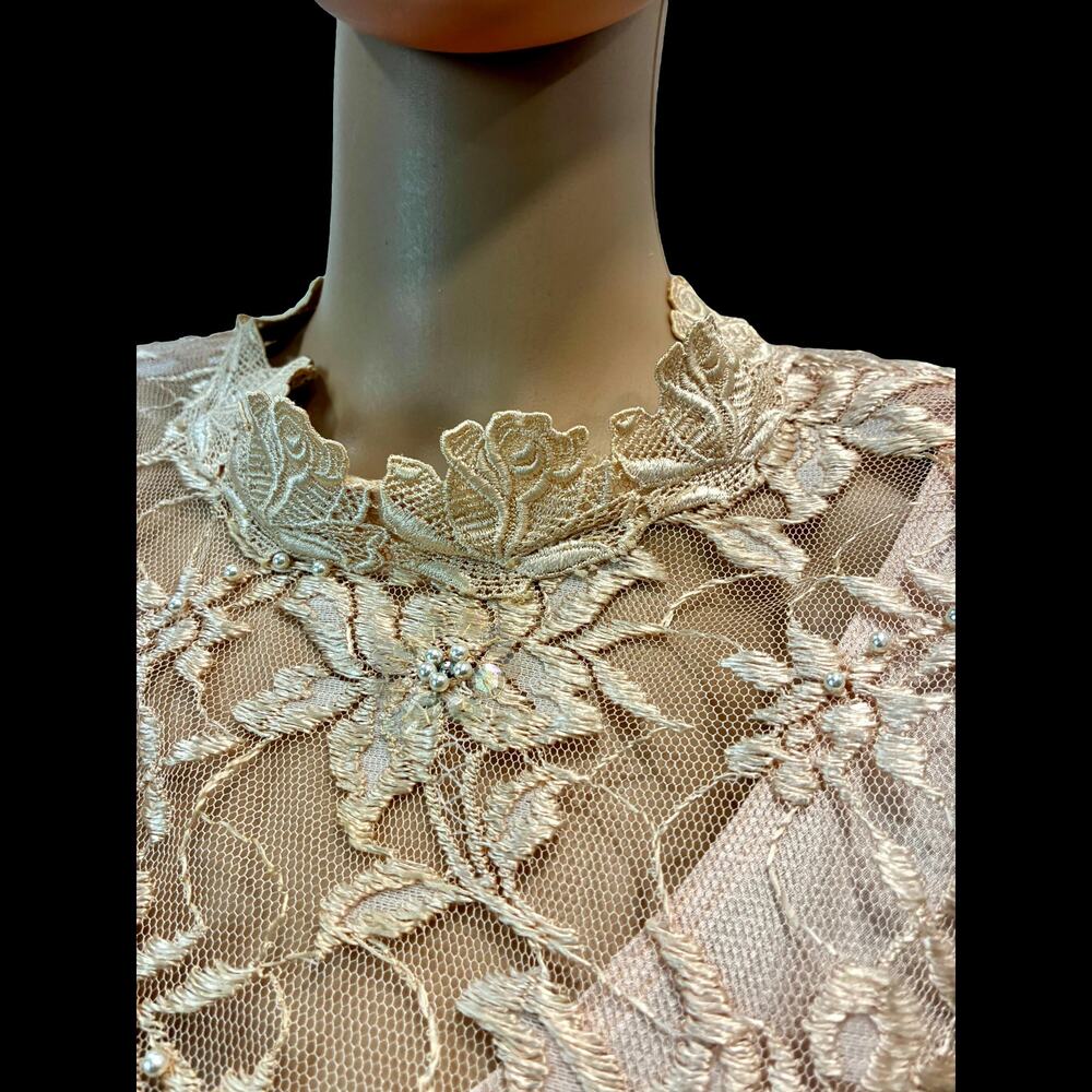 Vintage 80s Lace Bridal Dress Champagne Romantic Victorian Drop Waist - Picture 3 of 14
